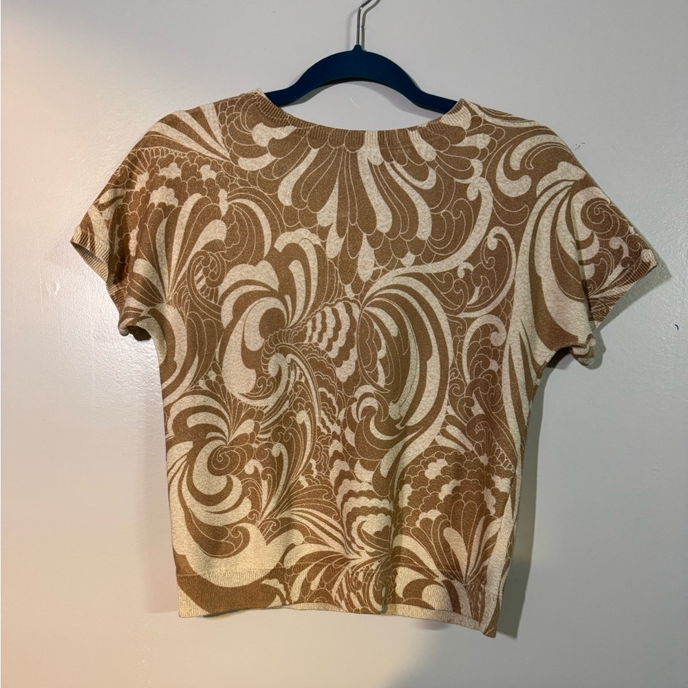 Talbots Cream and Brown Short-Sleeve Crewneck Sweater